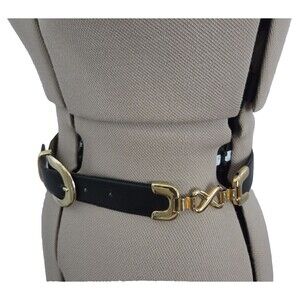 Vintage Toledano Women's Black Leather Belt Size Small Gold Buckle Fits 26 - 28"